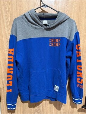 PINK Victoria's Secret Blue and Gray 'Chomp Chomp' Hoodie with Orange Accents